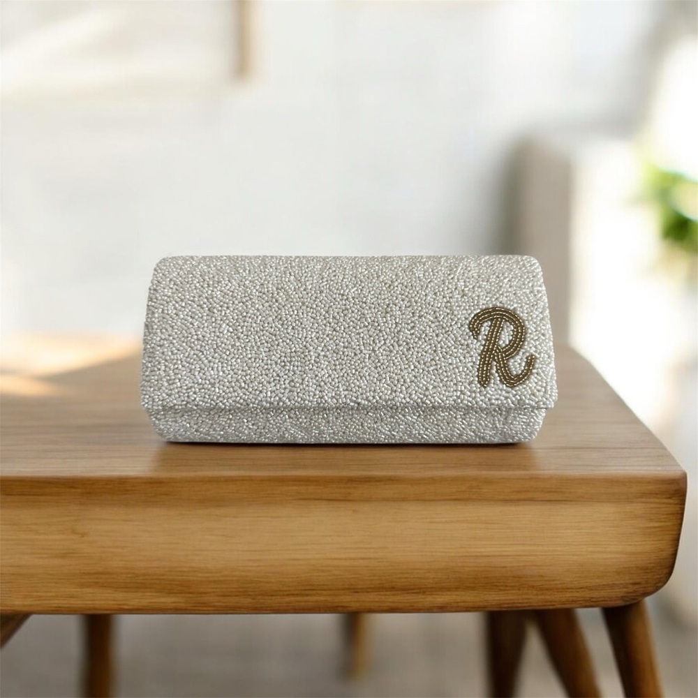 Elegant White Beaded Clutch Bag
